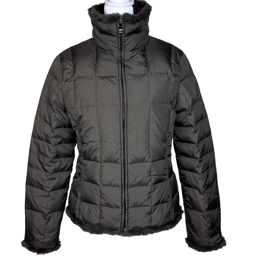 Marc New York Reversible Down Puffer Jacket Rabbit Fur Trim Womens Small Brown‎